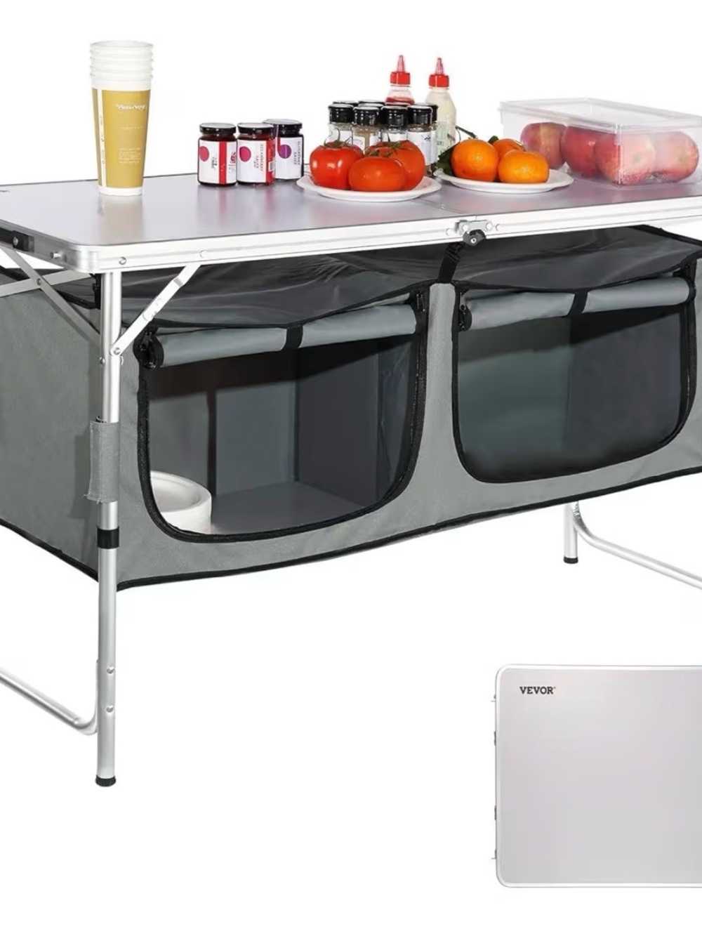 Gray Portable Folding Camping Table with Under-Shelf Storage